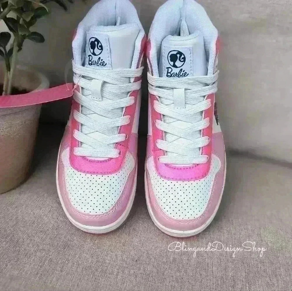 Bling Girls Barbie Pink High Top Sneakers Made with Black Crystals Girls Shoes - Picture 4 of 8